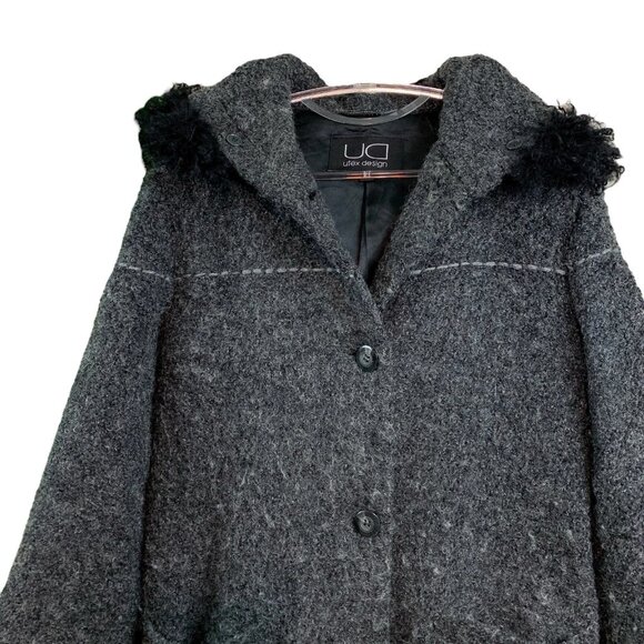 Utex Design Wool Blend Faux Fur Buttoned Hooded Coat Jacket Gray Black Sz Small - Picture 4 of 9